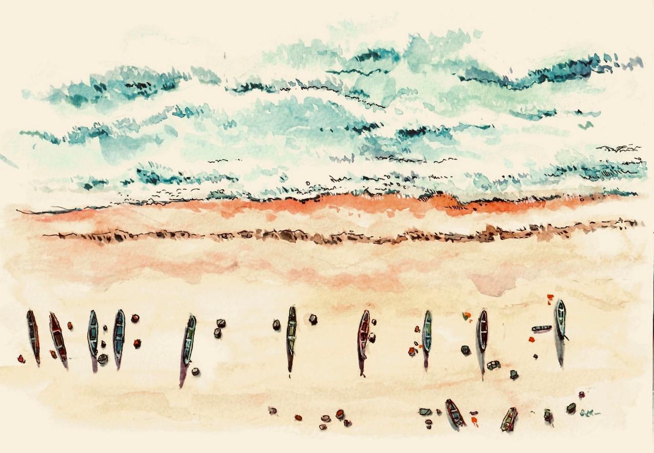 A watercolor painting of the Besant Nagar beach